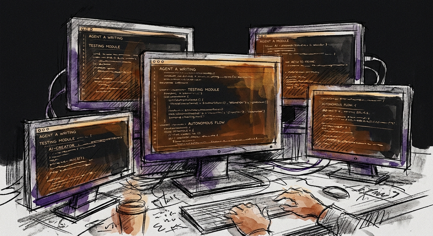 Multiple terminal windows on a dark desktop, each showing a different AI agent writing and testing its own code independently, representing autonomous agent development