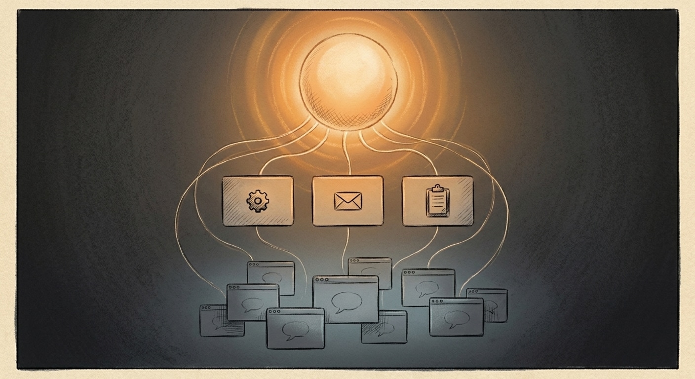 A diagram showing the AI maturity progression from anonymous chatbot windows at the bottom, to task-specific agents in the middle, to a single named digital assistant at the top orchestrating everything